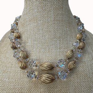 Lisner Vintage Gold-Toned Beaded Crystal Glass AB Double-Strand Necklace